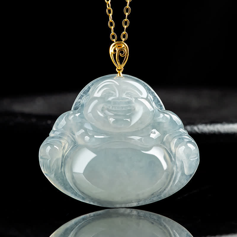 Collar con colgante de Buda sonriente de jade natural y oro de 18 quilates.