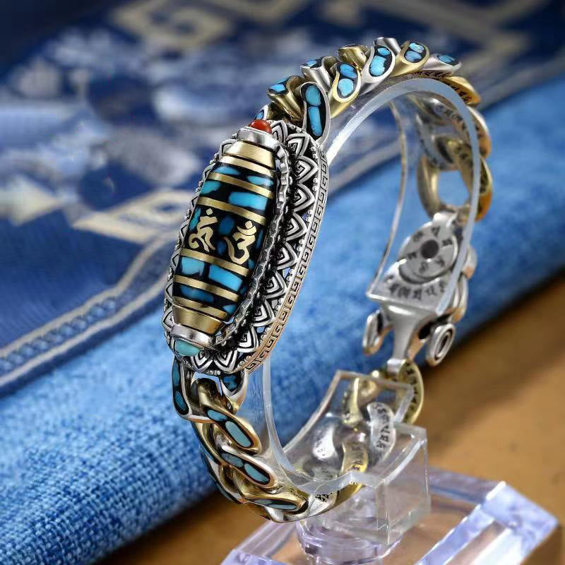 Pulsera giratoria con cuentas Dzi tibetanas de nueve ojos con piedras de Buda, Om Mani Padme Hum y protección turquesa