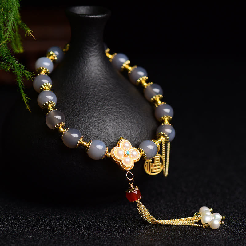 Pulsera de equilibrio con borlas de perla y ágata gris natural de Buda