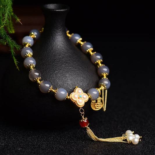 Buddha Stones Natürlicher grauer Achat Fu Charakter Perlenquaste Balance Armband