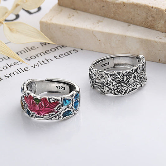 Anillo de prosperidad con flor de loto y pez koi de plata de ley 925 con piedras de Buda