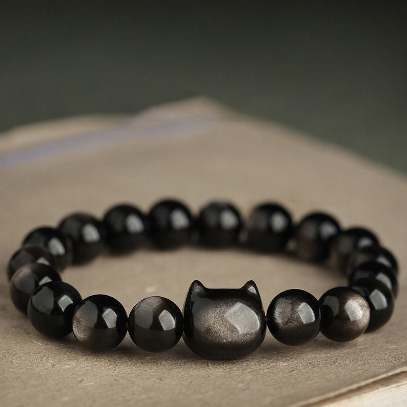 Pulsera de protección con piedras de Buda, obsidiana dorada y obsidiana plateada con brillo, con forma de pata de gato de la suerte.