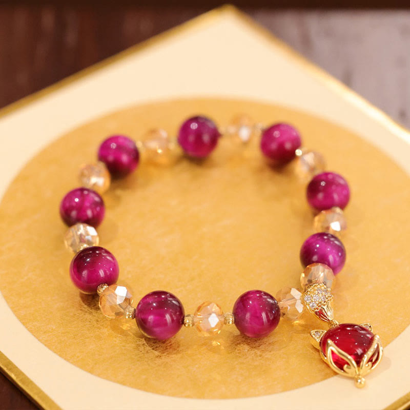 Pulsera de Buda con piedras de ojo de tigre rojo y zorro Pixiu para la protección y la confianza