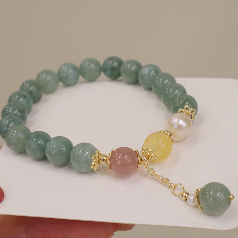 Pulsera de cuentas de Buda con jade, perla, cuarzo fresa y amuleto de la suerte