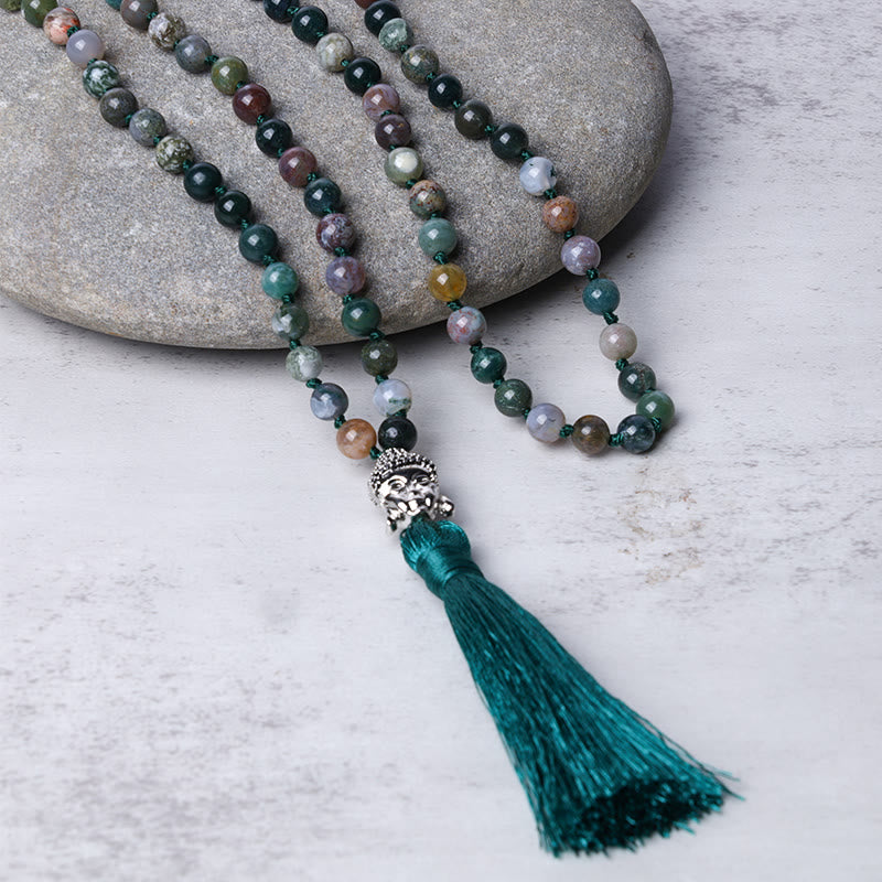 Buddha Stones 108 Mala-Perlen, indischer Achat, Buddha-Kopf-Reinigungsarmband