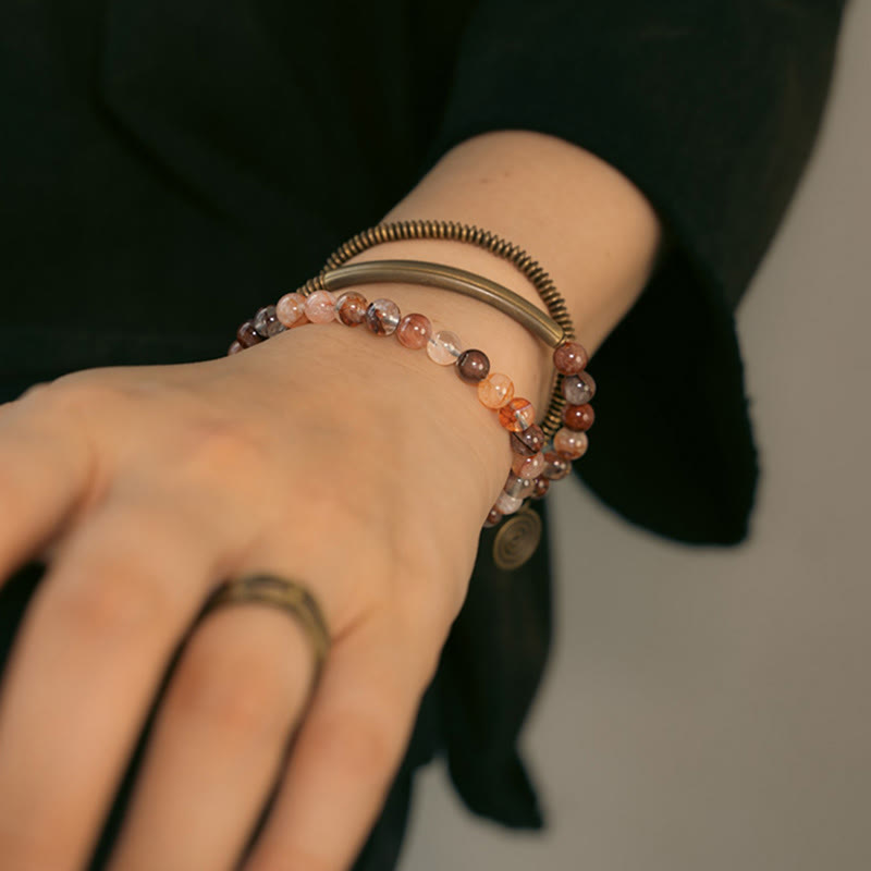 Pulsera de cobre con piedras de Buda, cuarzo hematoide rojo fantasma morado y cuarzo rutilado verde, amor y perdón