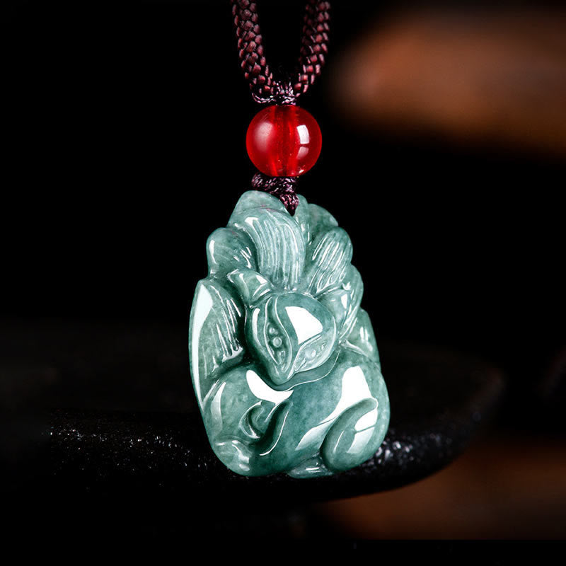 Colgante de prosperidad con zorro de nueve colas grabado en jade verde natural y piedras de Buda