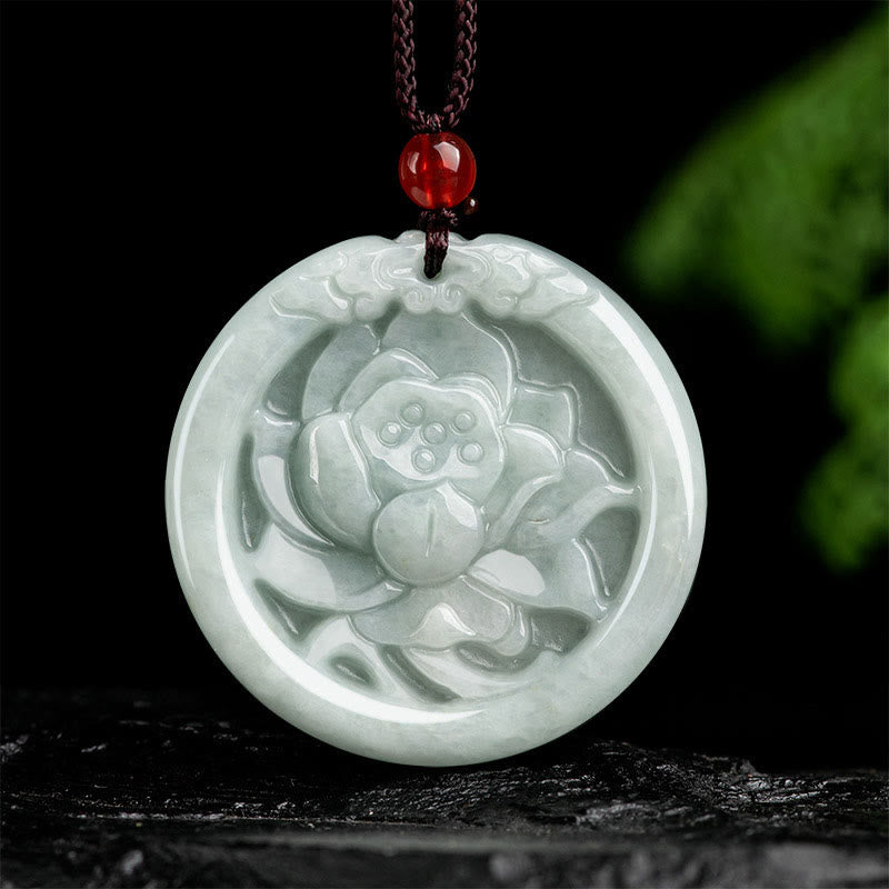 Colgante de prosperidad con flor de loto de jade natural tallada con piedras de Buda