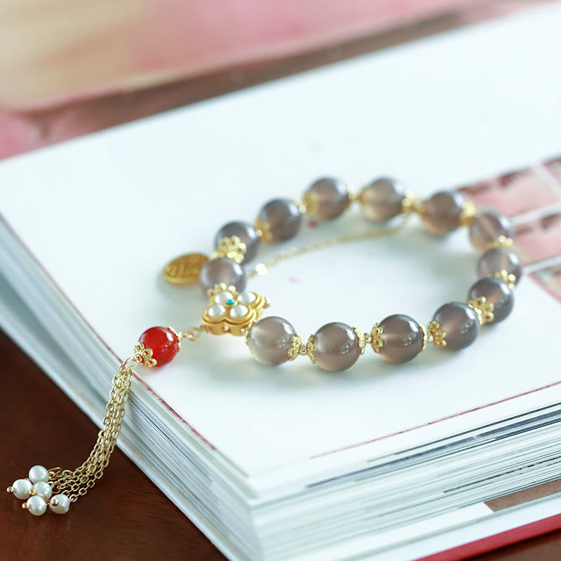 Pulsera de equilibrio con borlas de perla y ágata gris natural de Buda