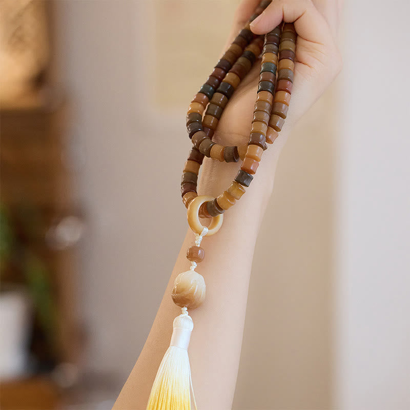 Pulsera de armonía con 108 cuentas de mala, semillas de Bodhi y mano de Buda grabada con loto