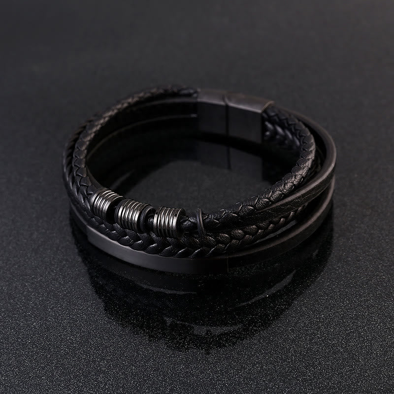 Pulsera trenzada multicapa de cuero y acero de titanio con hebilla magnética y piedras de Buda