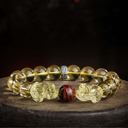 Pulsera de protección de la prosperidad con citrino natural y doble PiXiu de ojo de tigre de Buddha Stones