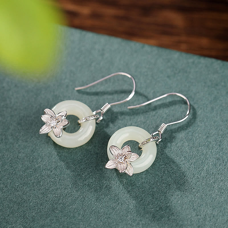 Pendientes de plata de ley 925 con piedras de Buda, jade hetiano, hebilla de la paz y orquídea de la prosperidad
