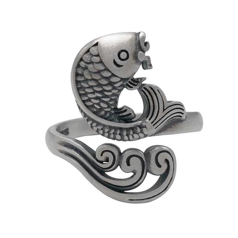 Anillo de plata de ley 925 con piedras de Buda y pez koi, con ondas de agua, para la suerte y la riqueza.