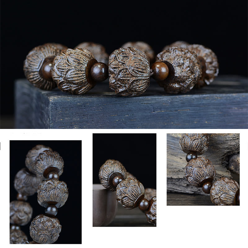 Pulsera de equilibrio con grabado de dragón de loto y dieciocho arhats de madera de ébano y piedras de Buda
