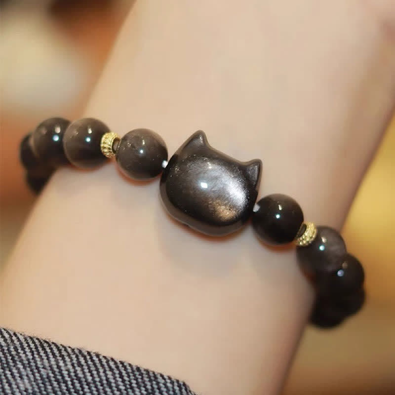 Pulsera de protección con piedras de Buda, obsidiana dorada y obsidiana plateada con brillo, con forma de pata de gato de la suerte.