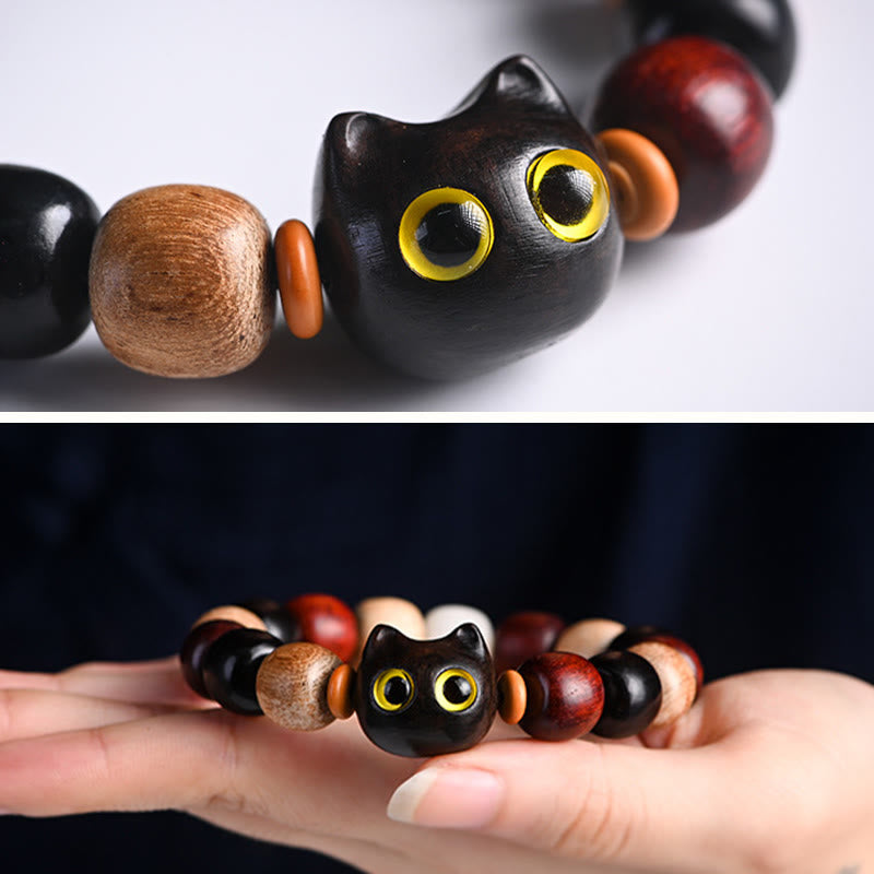 Pulsera de protección con piedras de Buda, hoja pequeña, sándalo rojo, madera de ébano y gato grabado