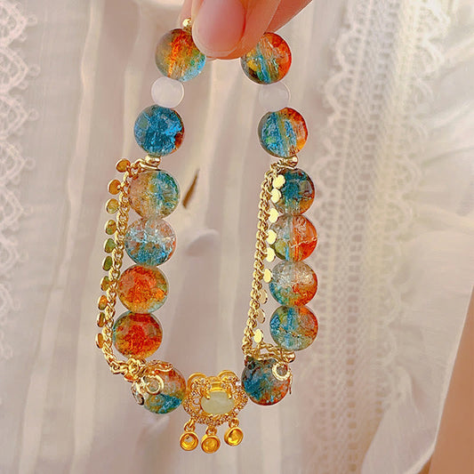 Buddha-Steine, bunte Liuli-Glasperlen, chinesisches Schloss, Glücksarmband