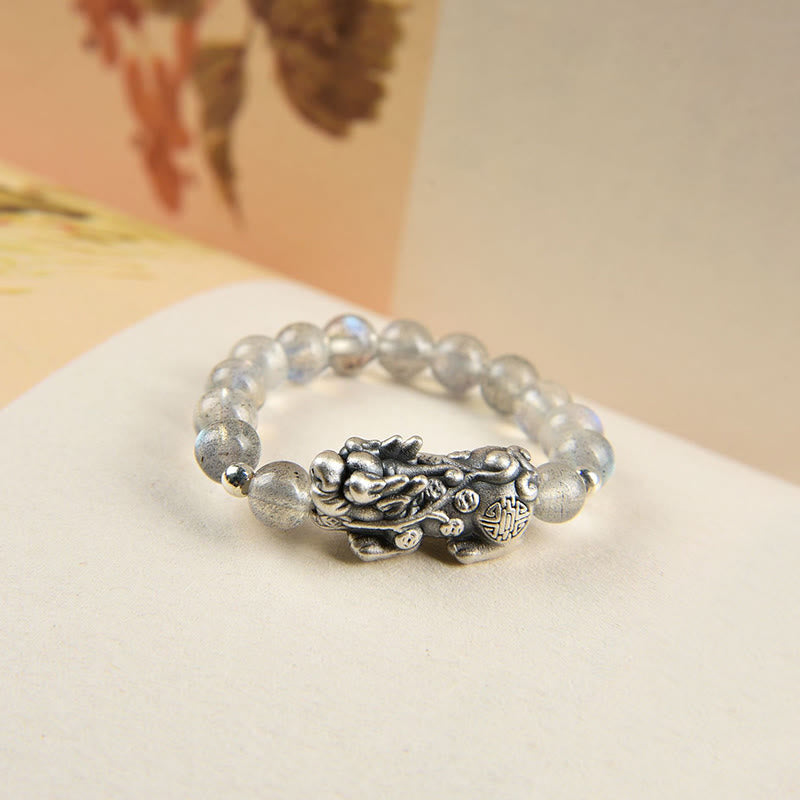 Anillo de la riqueza PiXiu con piedras de Buda en plata de ley 925, granate natural, piedra lunar, ágata roja