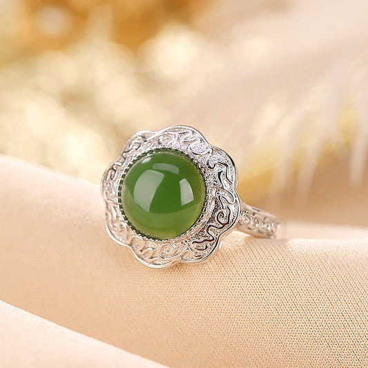 Anillo ajustable de la suerte con diseño de flor de jade cian hetiano en plata de ley 925 con piedras de Buda