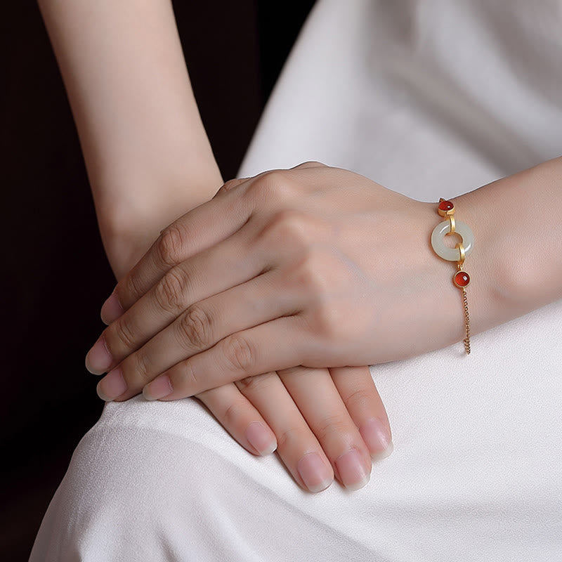 Pulsera de la suerte con piedras de Buda, plata de ley 925 bañada en oro, jade hetiano natural, hebilla de la paz y ágata roja