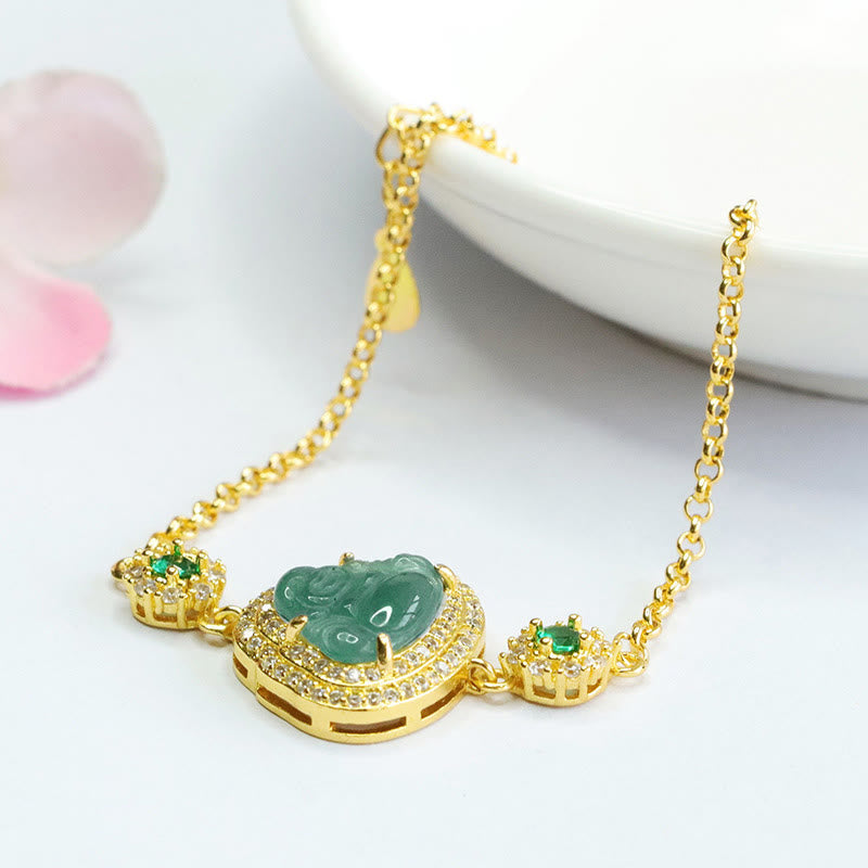 Pulsera de cadena de la suerte con circón y jade verde de Buda sonriente con piedras de Buda