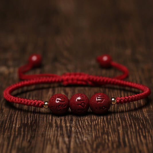Pulsera trenzada con cuentas de cinabrio grabadas Om Mani Padme Hum hechas a mano con piedras de Buda y bendición
