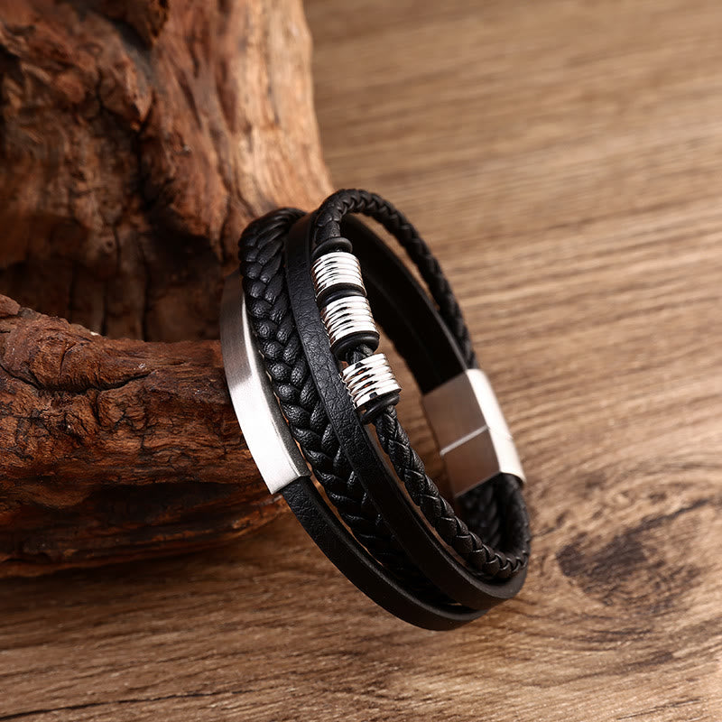 Pulsera trenzada multicapa de cuero y acero de titanio con hebilla magnética y piedras de Buda