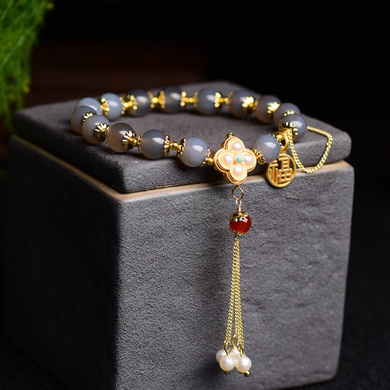 Pulsera de equilibrio con borlas de perla y ágata gris natural de Buda