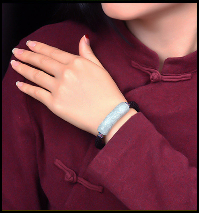 Natural Myanmar Grade A Jade Curved Bar Bracelet – Handmade with Good Fortune and Longevity Carvings - Touch Bling