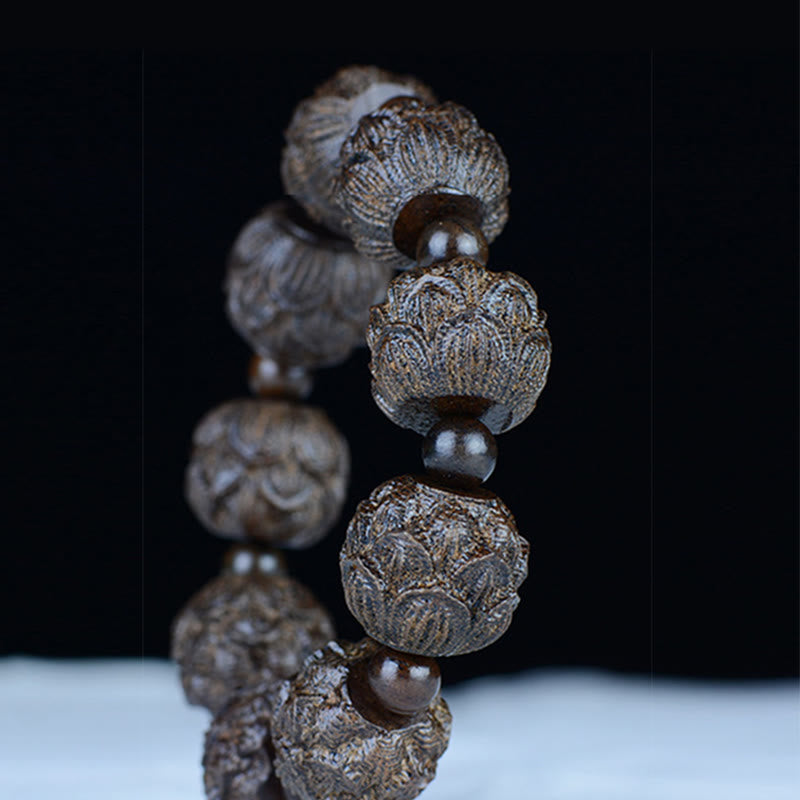 Pulsera de equilibrio con grabado de dragón de loto y dieciocho arhats de madera de ébano y piedras de Buda