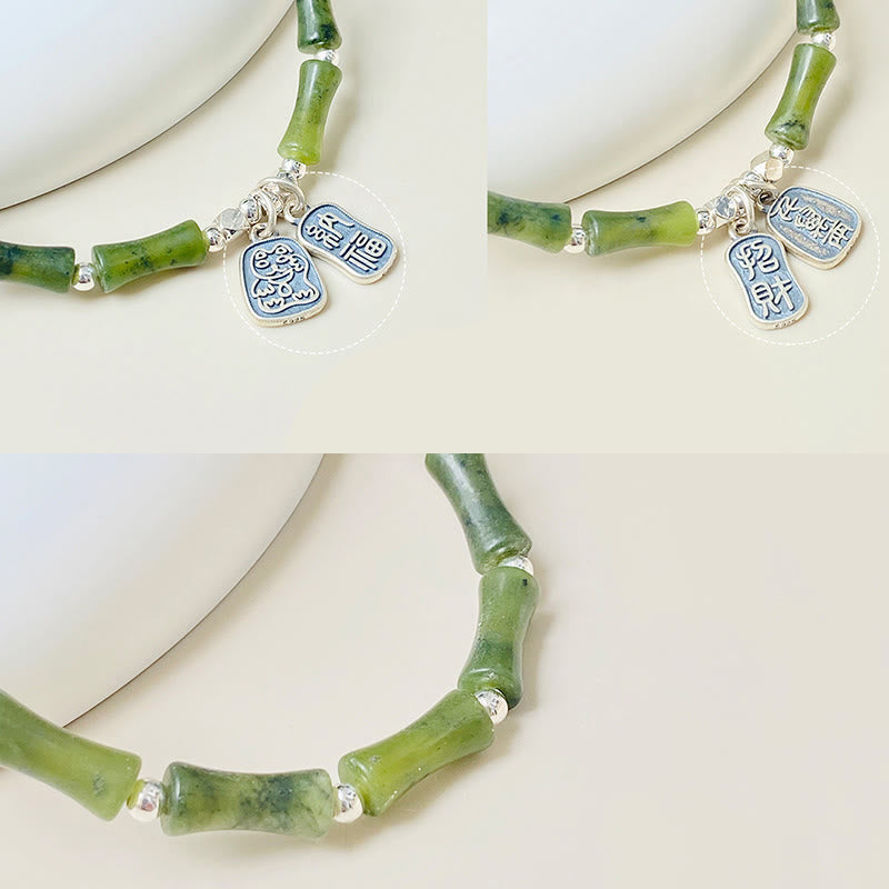 Pulsera de plata de ley 925 con piedras de Buda, jade de bambú y gato de la suerte con el símbolo Fu.
