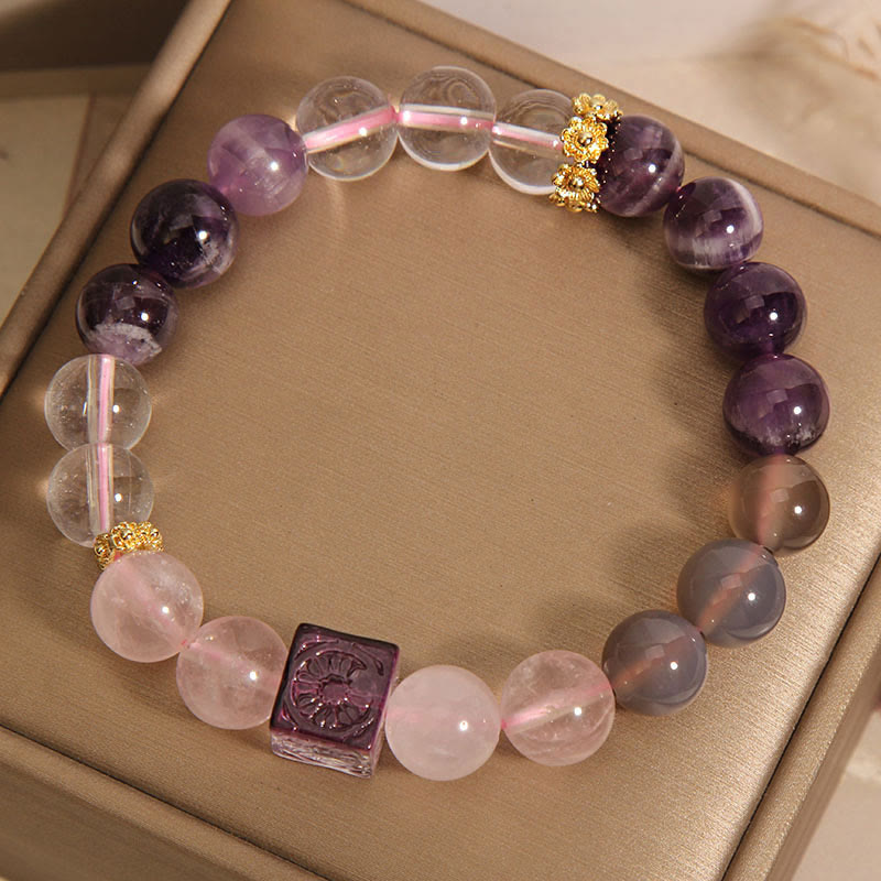 Pulsera de amatista natural y cristal rosa de Buddha Stones para la paz interior y la sanación