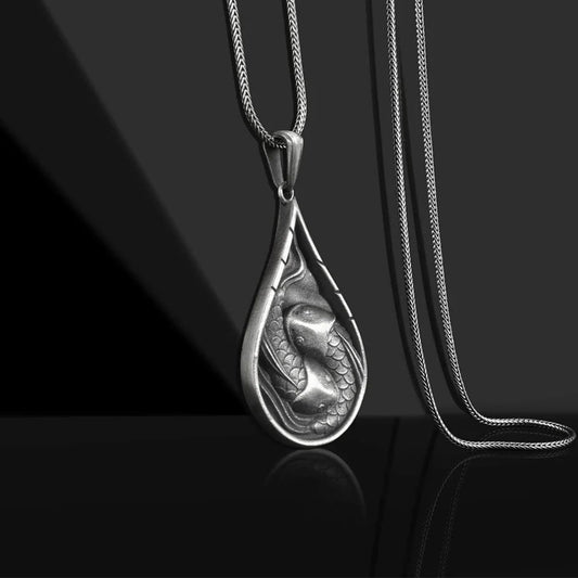 Collar con colgante de estaño puro con diseño de gota de agua y pez koi de la suerte y prosperidad, con piedras de Buda