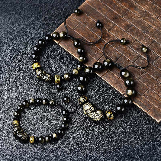 Pulsera trenzada de obsidiana con brillo de oro natural de piedras de Buda PiXiu Om Mani Padme Hum riqueza