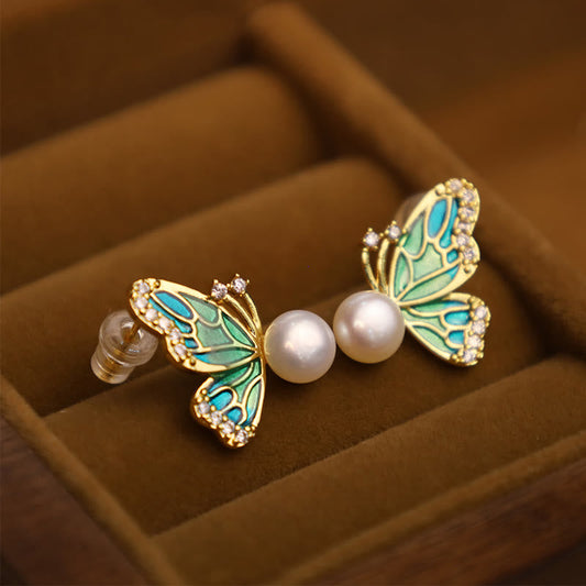 Pendientes de plata de ley 925 con piedras de Buda, postes de cobre chapado en oro de 18 quilates, perlas naturales y mariposas curativas.