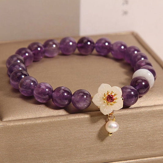 Pulsera de equilibrio con amatista natural, ágata blanca y perla con dije de Buda