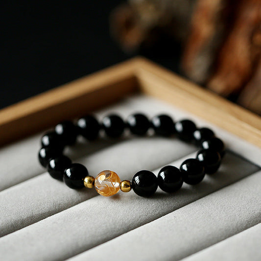 Pulsera de piedra de Buda con obsidiana negra natural, cristal blanco, ónix negro y dragón.