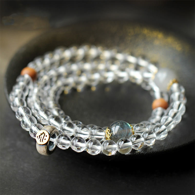 Buddha Stones 925 Sterling Silber Chinesisches Sternzeichen Natal Buddha Weißer Kristall Meditation Dreifach Wickelarmband