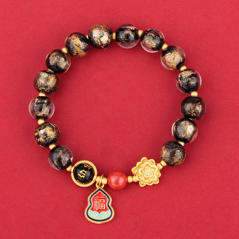 Pulsera de la suerte con cuentas de vidrio de loto y liuli con abalorios de calabaza del Tíbet con el símbolo Om Mani Padme Hum Fu de Buda