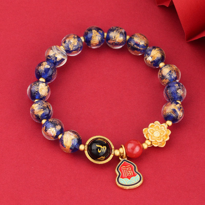 Pulsera de la suerte con cuentas de vidrio de loto y liuli con abalorios de calabaza del Tíbet con el símbolo Om Mani Padme Hum Fu de Buda