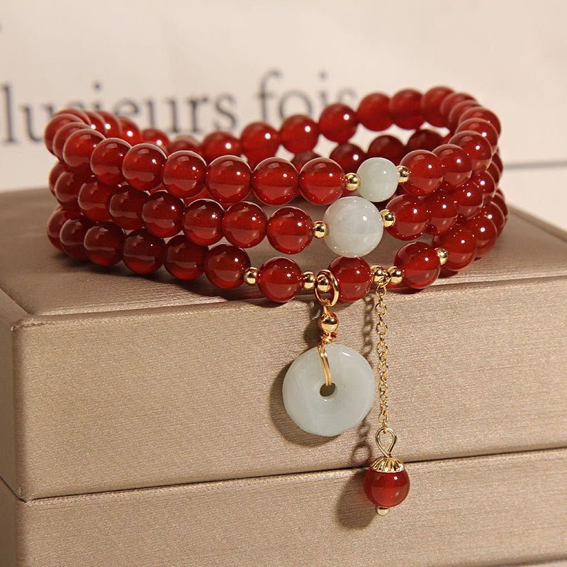 Buddha Stones Armband mit natürlicher roter Achat-Jade, Peace-Schnalle, Calm, dreifach wickelbar