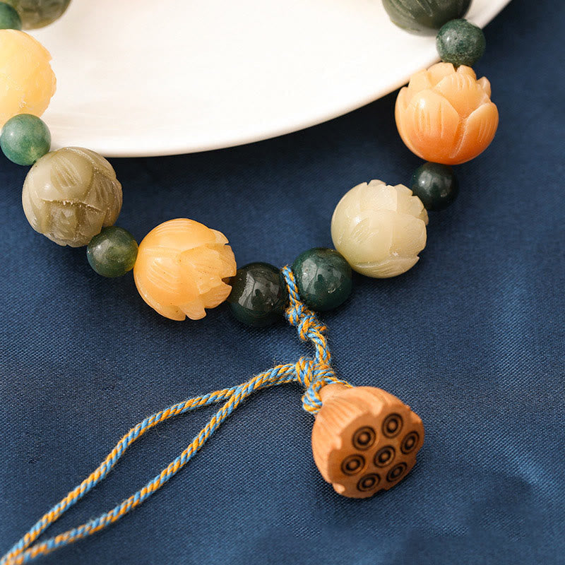 Armband mit Buddha-Steinen, Bodhi-Samen, Lotus-Perle, eingraviert, Moosachat, Frieden, Ruhe