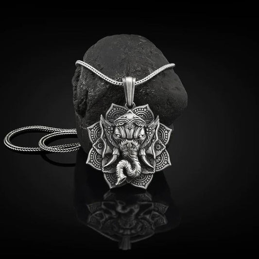 Collar con colgante de amuleto protector de elefante Ganesh Ganpati de estaño puro con piedras de Buda