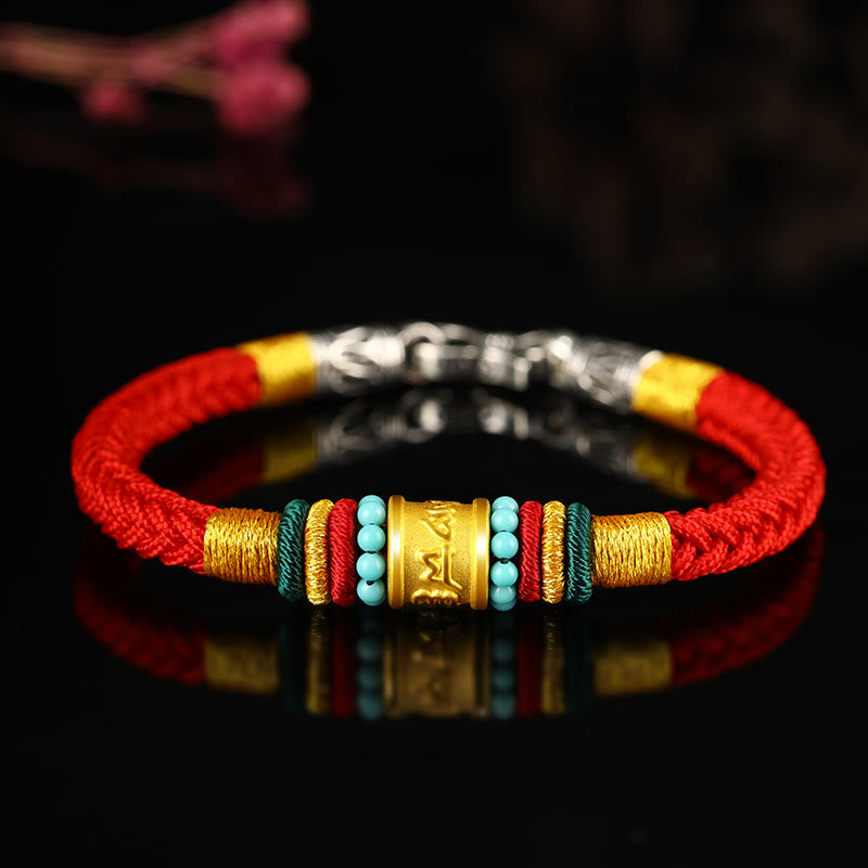 Pulsera de la suerte hecha a mano con ocho hilos y nudo de la paz Om Mani Padme Hum de oro 999 del Tíbet con piedras de Buda