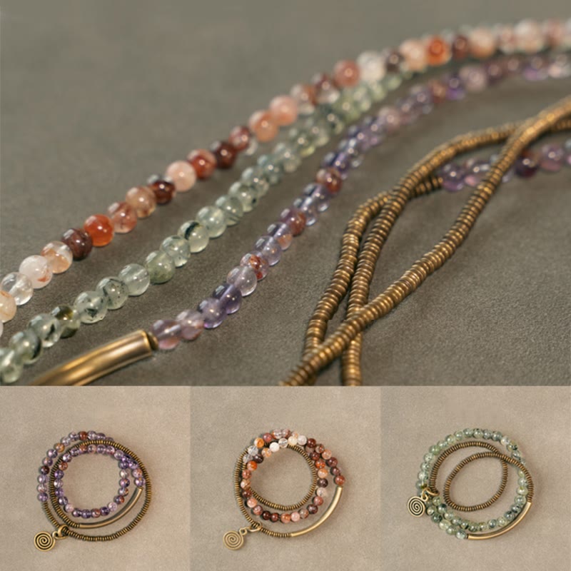 Pulsera de cobre con piedras de Buda, cuarzo hematoide rojo fantasma morado y cuarzo rutilado verde, amor y perdón
