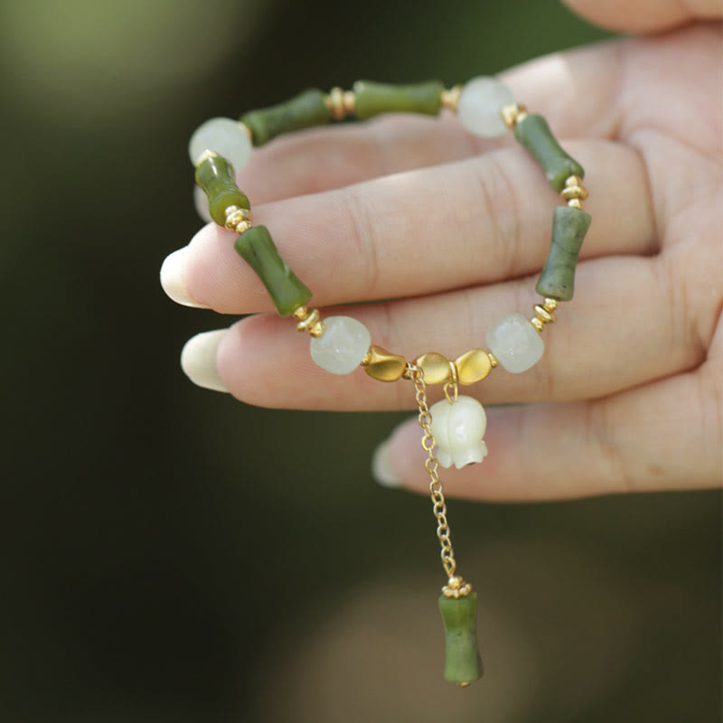 Pulsera de la riqueza con piedras de Buda, bambú verde, jade y lirio de los valles