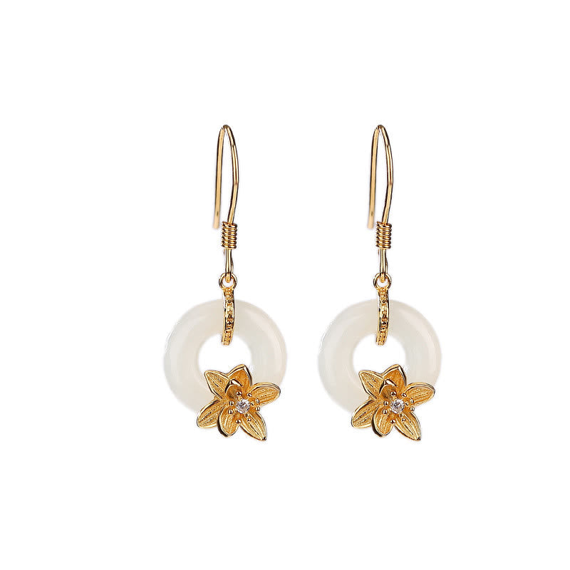 Pendientes de plata de ley 925 con piedras de Buda, jade hetiano, hebilla de la paz y orquídea de la prosperidad