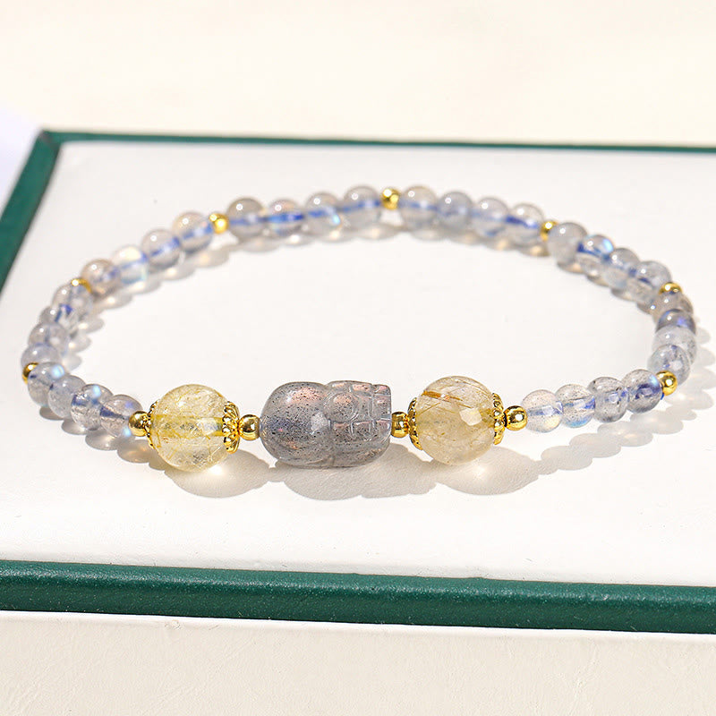 Buddha Stones Mondstein Erdbeerquarz Turmalin PiXiu Heilarmband