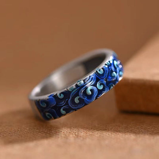 Anillo ajustable de cobre curativo con diseño de nubes azules auspiciosas y piedras de Buda